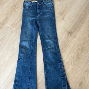Women's Dark Blue Flared Jeans with Side Button Detail